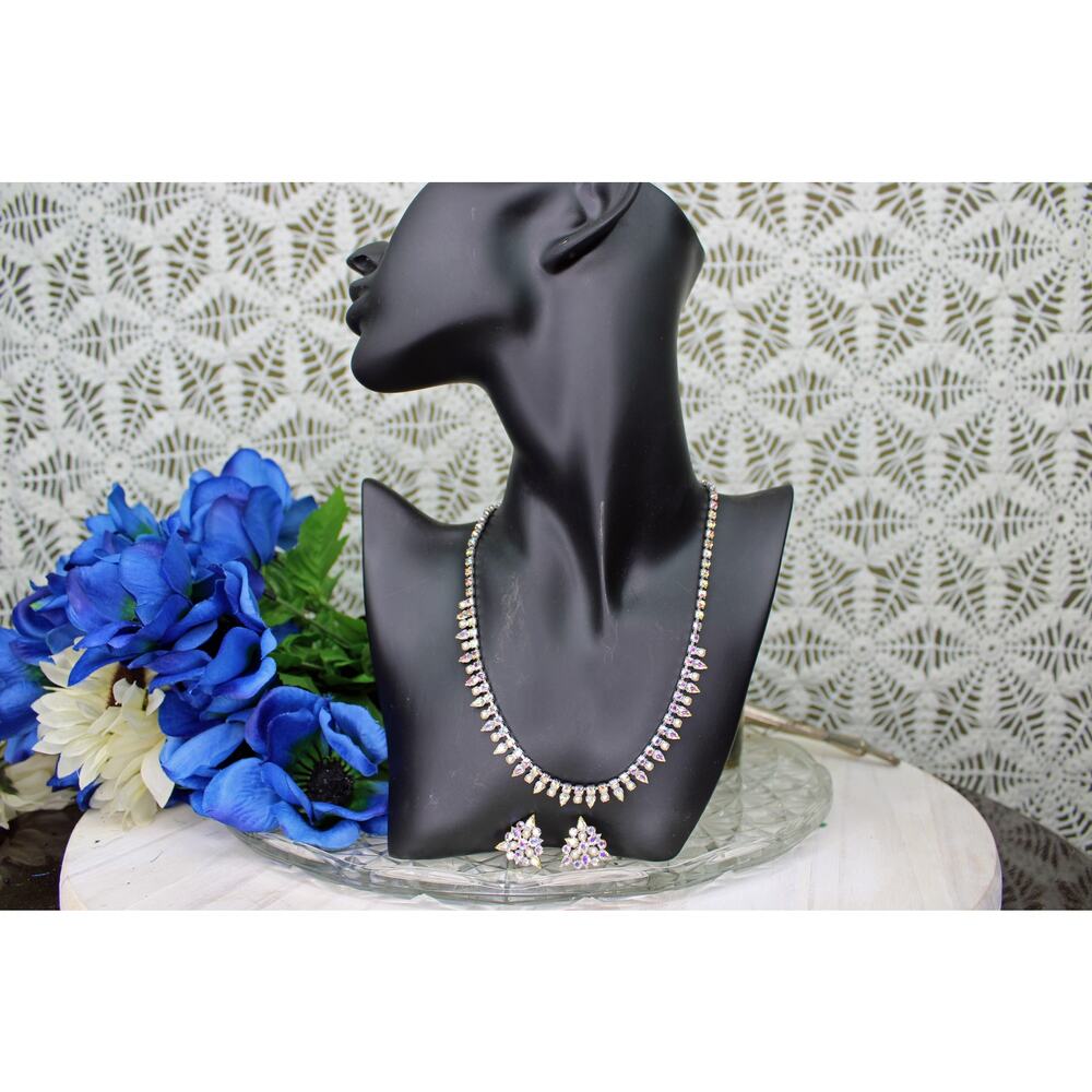 B. David Silvertone Aurora Borealis Rhinestone w/Faux Pearl Necklace/Earring Set
